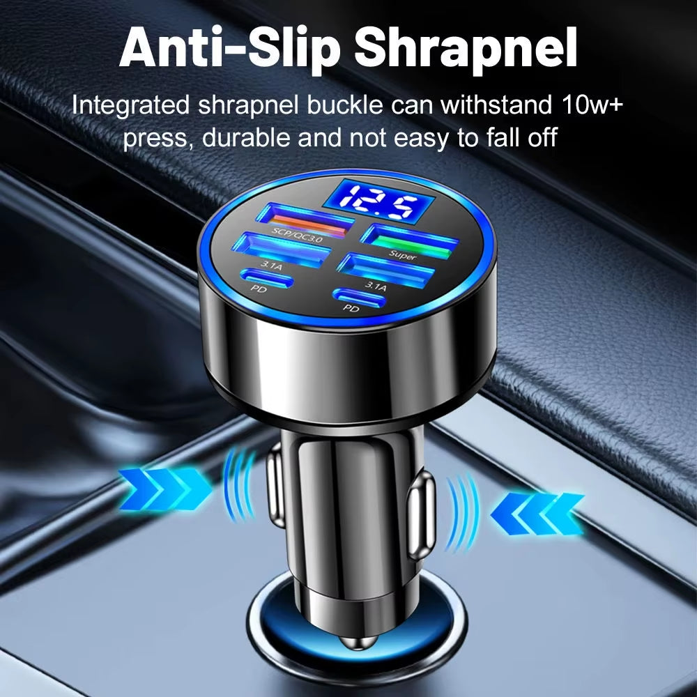 6 in 1 Electric Car Charger PD Type C 6 Ports 100W Digital Display Mobile Phone USB Car Charger Fast Charging Adapter
