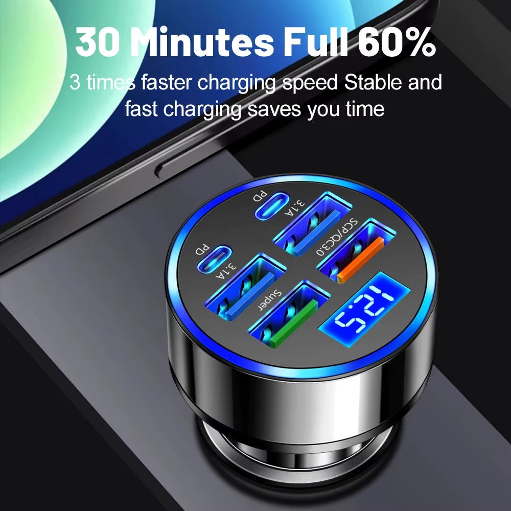 6 in 1 Electric Car Charger PD Type C 6 Ports 100W Digital Display Mobile Phone USB Car Charger Fast Charging Adapter