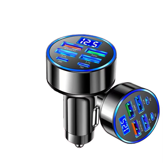 6 in 1 Electric Car Charger PD Type C 6 Ports 100W Digital Display Mobile Phone USB Car Charger Fast Charging Adapter