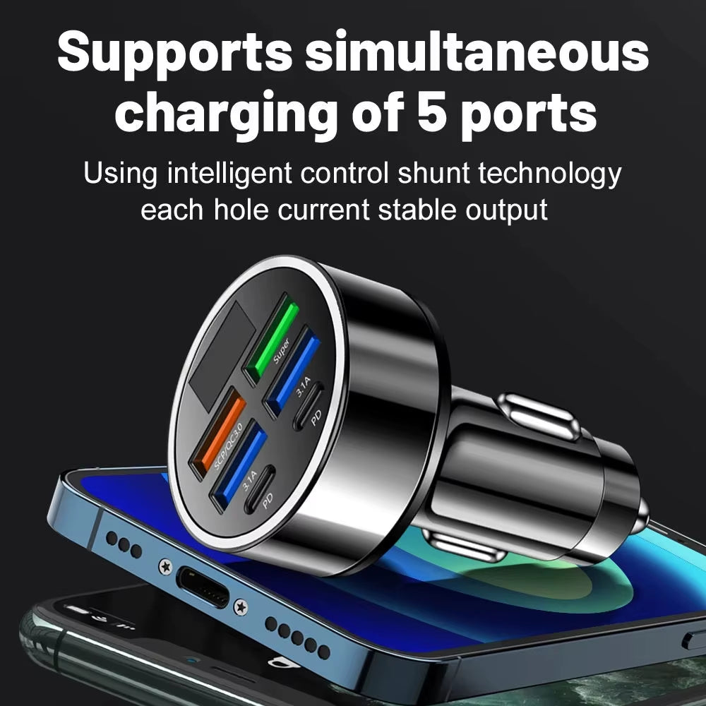 6 in 1 Electric Car Charger PD Type C 6 Ports 100W Digital Display Mobile Phone USB Car Charger Fast Charging Adapter